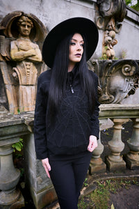 Stylish black work jacket with discreet tonal web motif embroidery at front, back and sleeves, crafted to evoke a 1950s heritage workwear silhouette, complete with zippered side pockets and a covert inner pocket, offering functional style for cooler season wear.