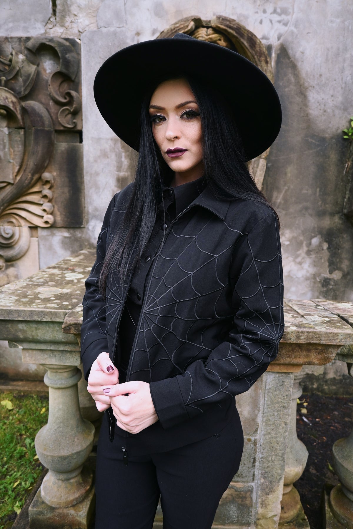 Heritage-style black jacket channelled from 1950s dead-stock designs, equipped with black-on-black web embroidery embellishing front and back panels and sleeves, two zip closure side seam pockets plus an inside hidden pocket, ideal for fall and spring casual outerwear.