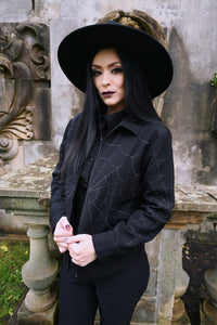 Heritage-style black jacket channelled from 1950s dead-stock designs, equipped with black-on-black web embroidery embellishing front and back panels and sleeves, two zip closure side seam pockets plus an inside hidden pocket, ideal for fall and spring casual outerwear.