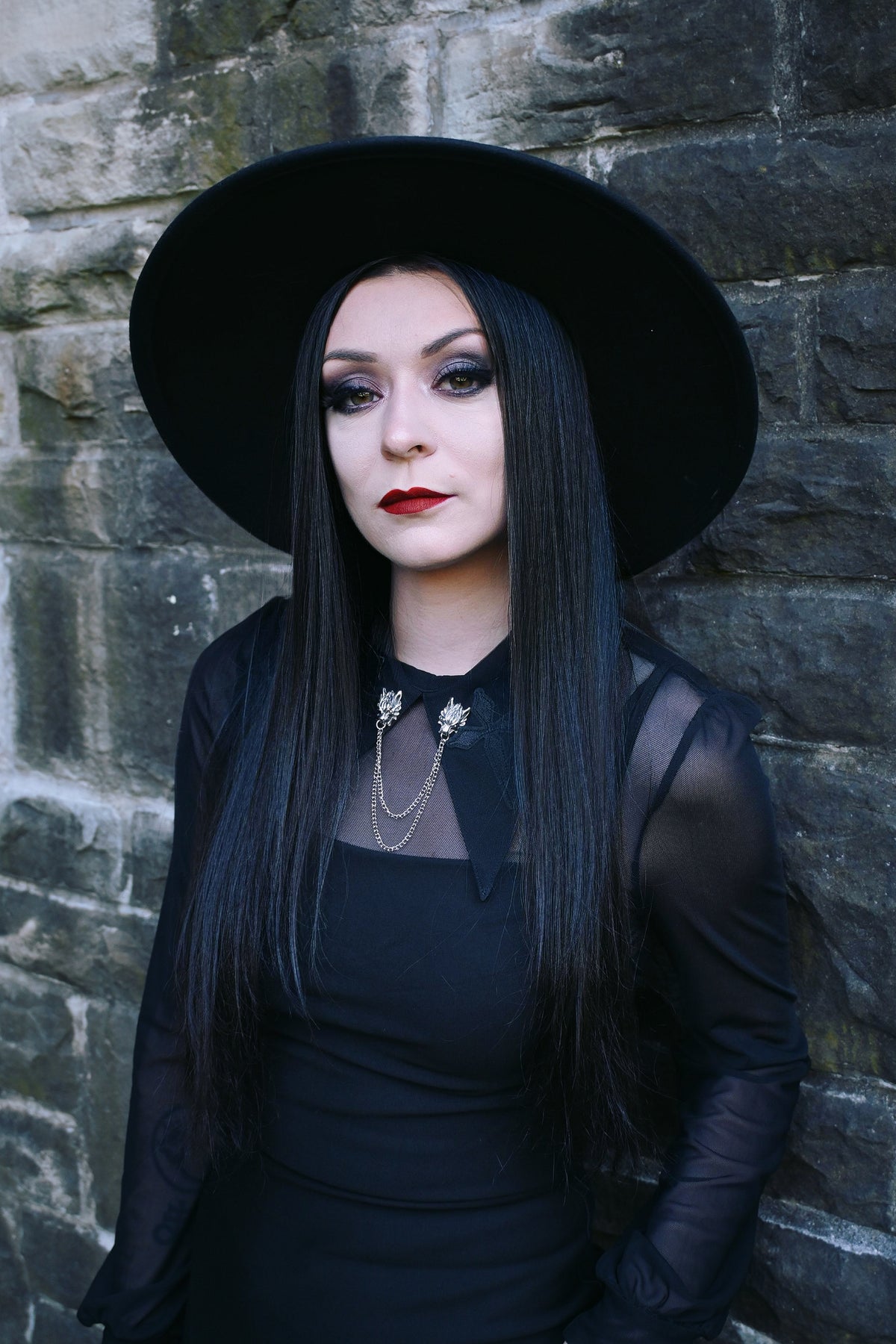 Silver metal wolf chain collar clip featuring a detailed wolf head design with draped chain links. Perfect for attaching to jacket collars, shirt lapels, or bags to add a gothic and edgy statement to any outfit.