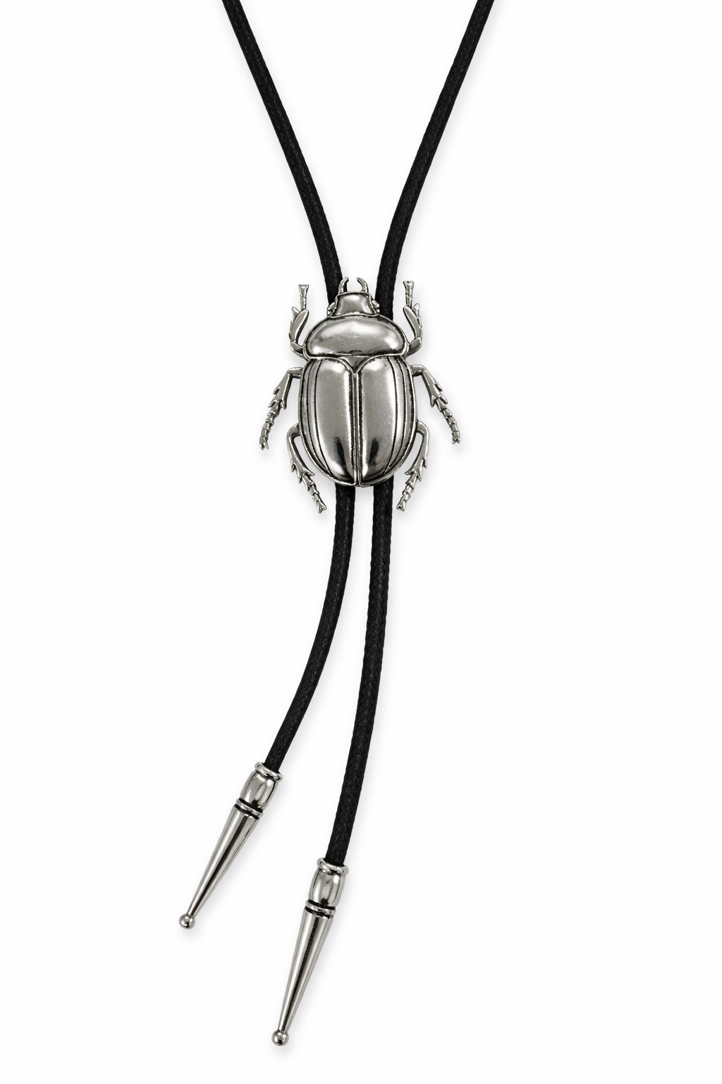 Silver beetle bolo tie on a white background