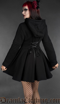 The black gothic hoodie dress combines heavyweight comfort with a feminine, dramatic silhouette. Its 100% cotton construction uses thick 400 GSM fabric with a soft fleece lining to keep the wearer warm, while the fitted waist flows into a full skater skirt. A deep hood, oversized pockets, and gothic cross zipper detail add practical and decorative touches, creating a versatile dress for casual and alternative winter styling.