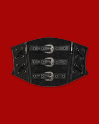 The Fading Angel Belt is a lace corset-style waist belt featuring intricate lace detailing and adjustable lacing. Designed to cinch the waist and create a dramatic, feminine silhouette, this statement accessory adds a sophisticated historical-inspired touch to any outfit. Perfect for styling over dresses, tops, or skirts, it works beautifully for medieval festivals as well as gothic, romantic, and everyday looks.