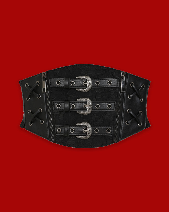 The Fading Angel Belt is a lace corset-style waist belt featuring intricate lace detailing and adjustable lacing. Designed to cinch the waist and create a dramatic, feminine silhouette, this statement accessory adds a sophisticated historical-inspired touch to any outfit. Perfect for styling over dresses, tops, or skirts, it works beautifully for medieval festivals as well as gothic, romantic, and everyday looks.