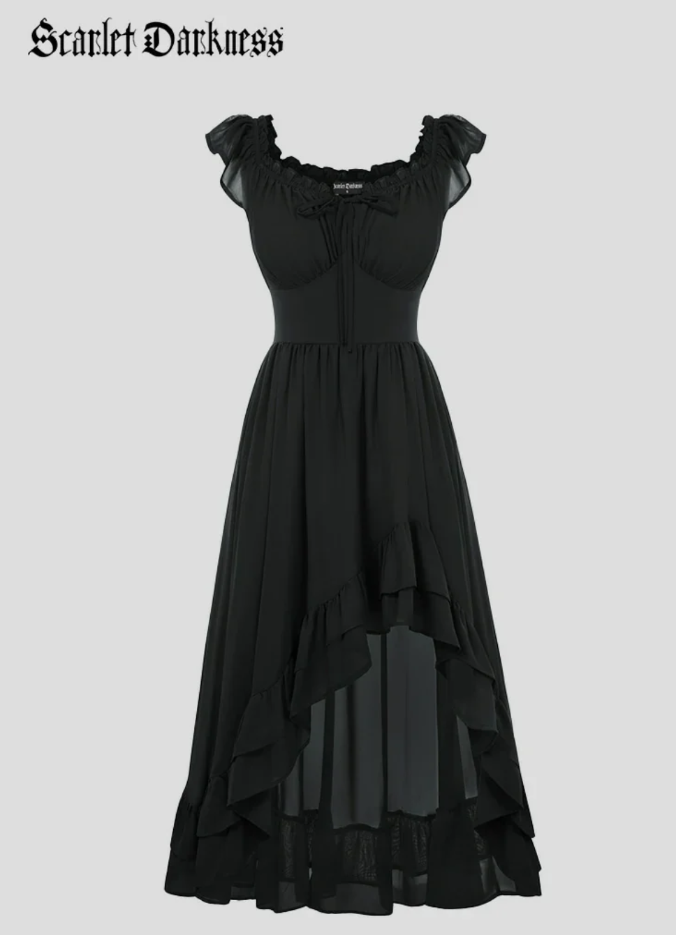 Women's bohemian Renaissance dress crafted in lightweight chiffon with an off-shoulder neckline, elastic waist, layered skirt, and useful side pockets. Its uneven high-low hem adds dramatic movement and creates a naturally flowing silhouette. The design draws inspiration from bohemian artists tearing apart traditional skirts, symbolizing freedom, creativity, and an unrestrained spirit.