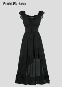 Women's bohemian Renaissance dress crafted in lightweight chiffon with an off-shoulder neckline, elastic waist, layered skirt, and useful side pockets. Its uneven high-low hem adds dramatic movement and creates a naturally flowing silhouette. The design draws inspiration from bohemian artists tearing apart traditional skirts, symbolizing freedom, creativity, and an unrestrained spirit.