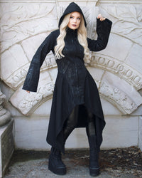 Dramatic Vixxsin hoodie with silver cathedral design, corset back, and asymmetric hem. Oversized hood and deep pockets complete this edgy gothic streetwear piece.