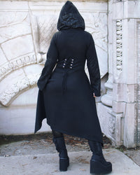 Relaxed fit Vixxsin hoodie with striking silver cathedral graphics, asymmetric hem, corset detail, wide cuffs, and oversized hood. Perfect gothic-inspired statement piece.