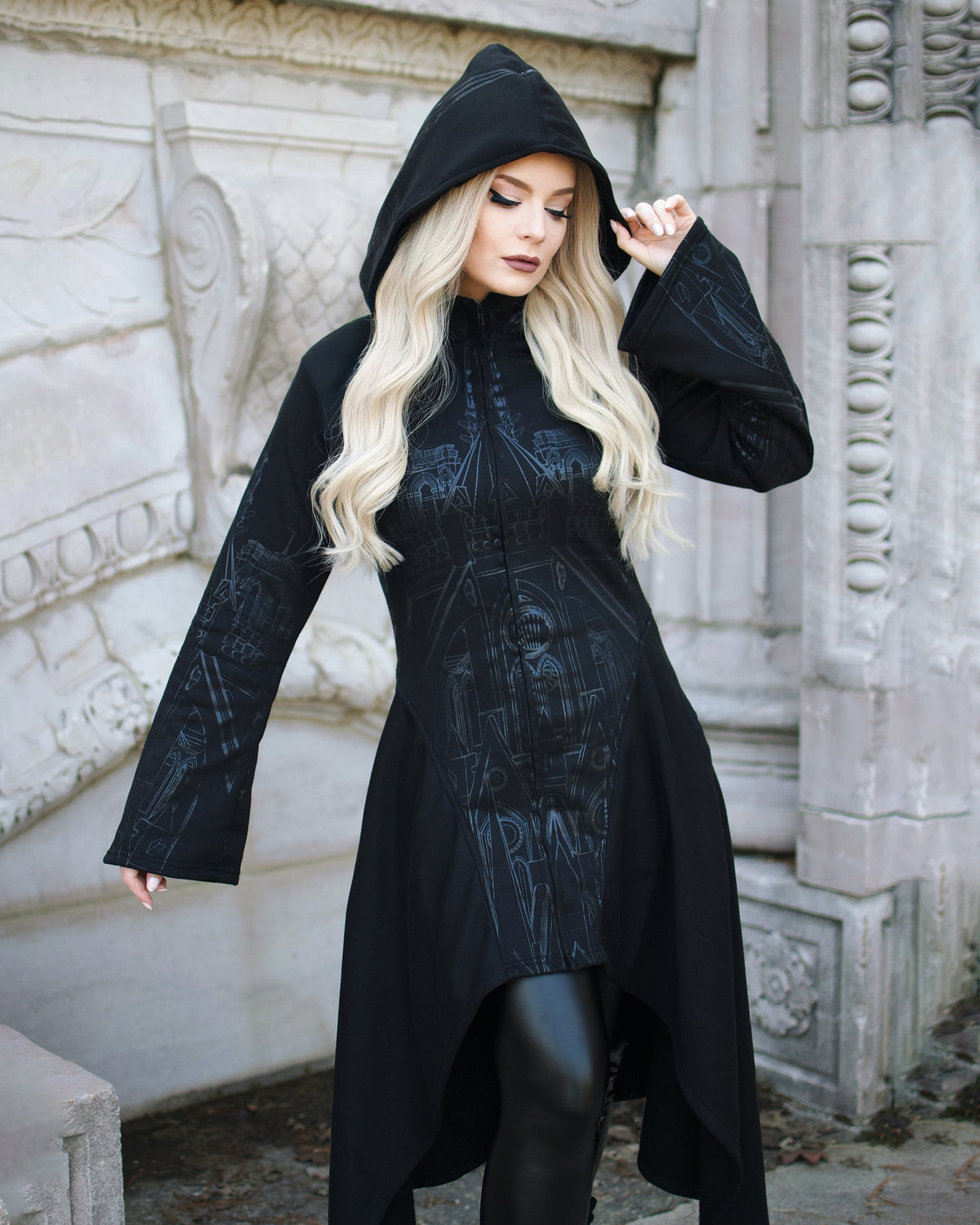 Vixxsin hoodie with silver cathedral print, front zip, wide cuffs, and asymmetric hem. Oversized, gothic-inspired style perfect for layering and statement streetwear.