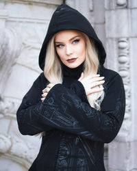 Gothic oversized hoodie from Vixxsin featuring dramatic silver cathedral graphics on front and sleeves, asymmetric hem, corset detailing, and a relaxed fit with deep pockets.