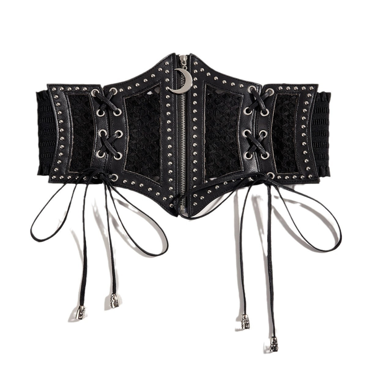 A striking black corset-style waist belt with a dark celestial aesthetic, featuring synthetic leather construction, mesh panels, and silver stud accents. The center front is finished with a functional zipper and crescent moon charm, while decorative side lacing with silver skull aglets adds a macabre gothic touch. A wide ruffled elastic band at the back provides a flexible fit and comfortable waist cinching.
