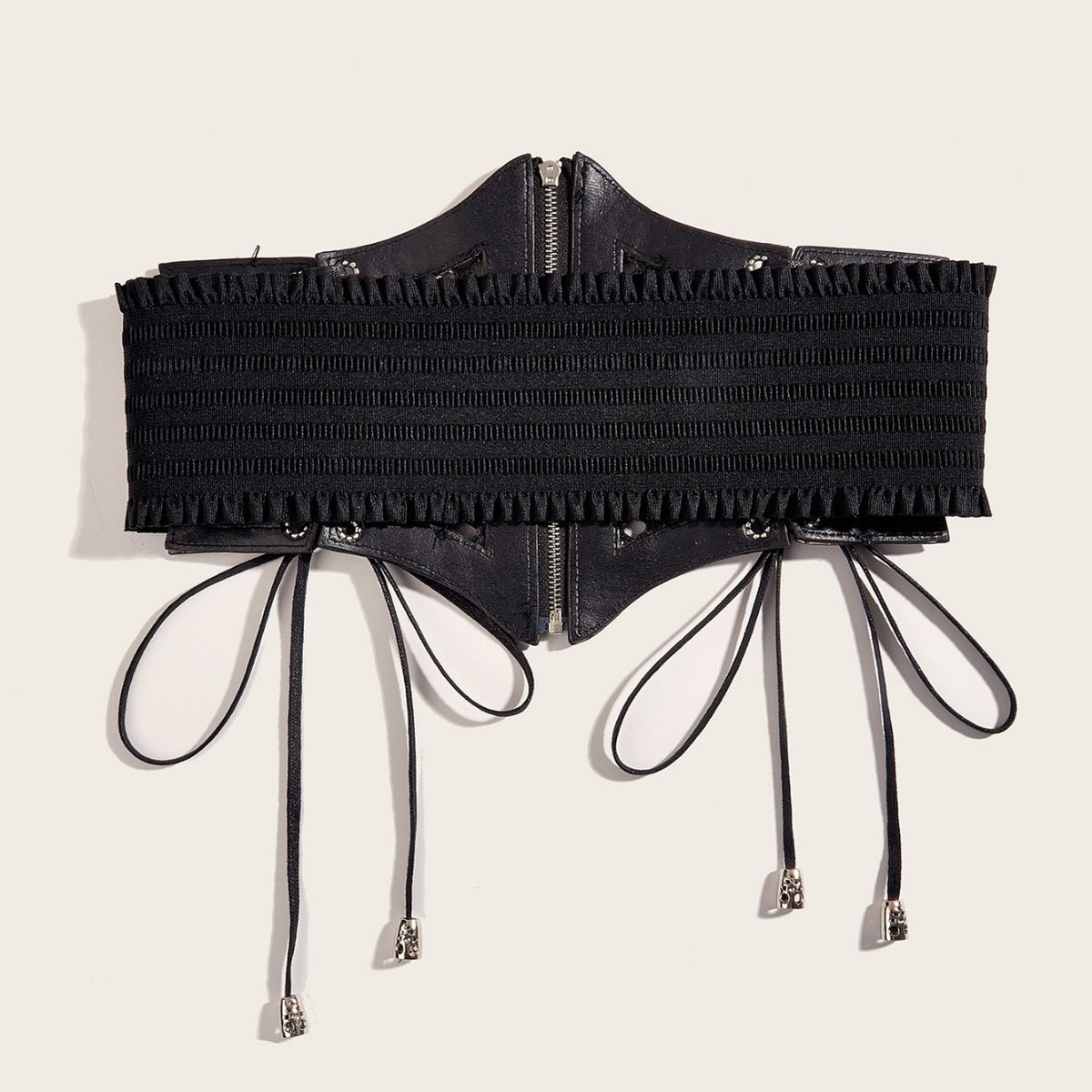 The Lunar Corset Belt combines gothic hardware with celestial-inspired details in a dramatic waist-cinching design. Its synthetic leather front features mesh paneling and silver-toned studs, centered by a functional zipper with a crescent moon charm. Side lacing and skull-shaped silver aglets add texture and attitude, while the wide ruffled elastic stretch band at the back ensures a comfortable, adaptable fit.
