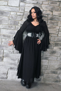 Women's fantasy maxi dress inspired by classic Renaissance fashion, featuring an off-shoulder neckline, oversized bell sleeves, and a stretchy smocked waist. The long, flowing skirt adds movement and an ethereal quality to the silhouette. Designed for versatile styling, this dress can be worn at Renaissance fairs, cosplay and LARP events, pirate festivals, fantasy photoshoots, weddings, or music festivals.