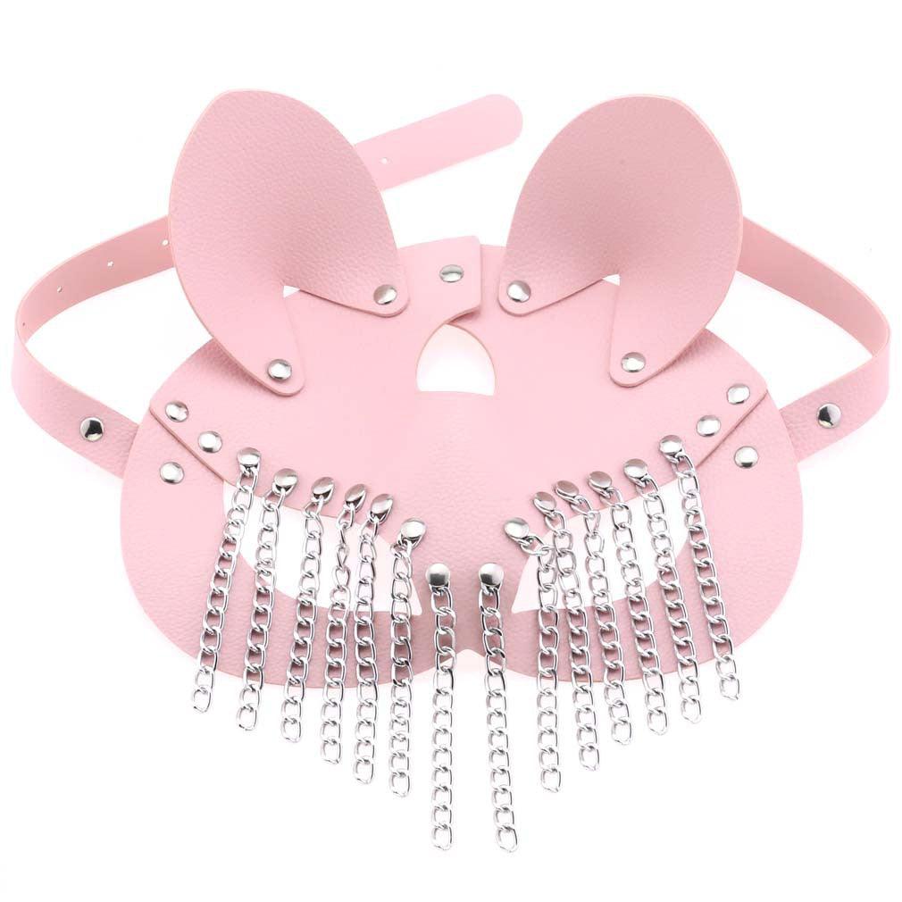 Pink Chained Animal Mask with detailed chain embellishments, sleek adjustable straps, and soft vegan leather texture, perfect for bold clubwear or cosplay aesthetics.