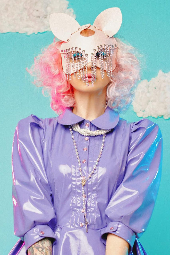 Three colour variations of the Chained Animal Mask — red, black, and pink — showcasing edgy vegan leather craftsmanship and chain accents for statement-making looks.