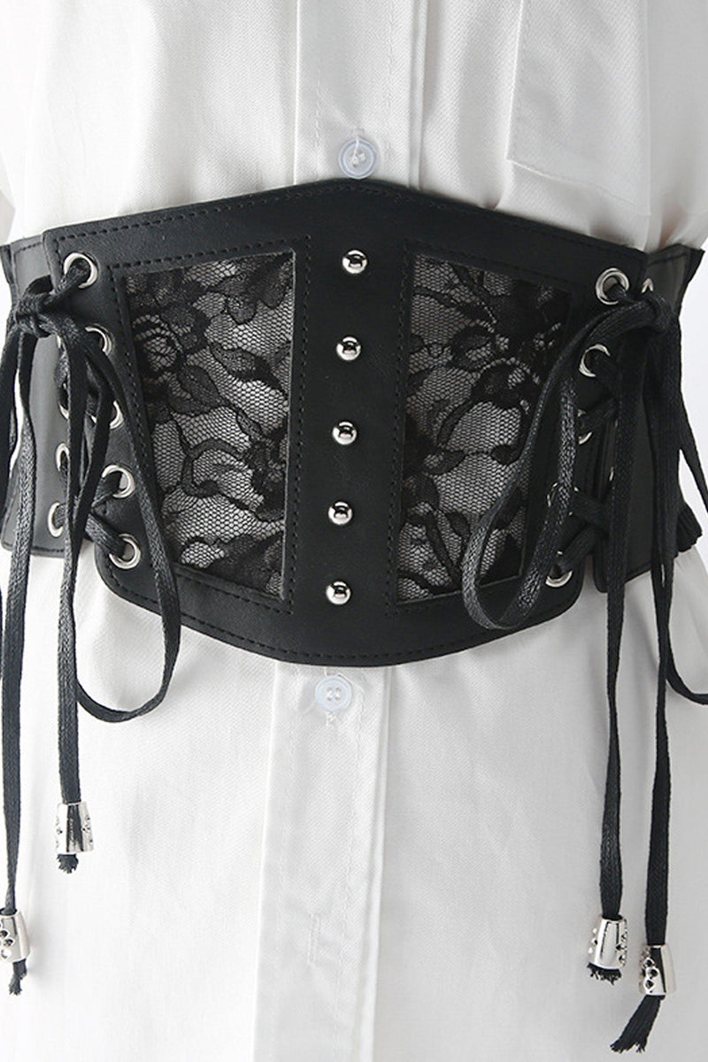 Lace corset belt featuring intricate floral lace overlay, adjustable elastic back, and structured faux leather for a comfortable yet defined waist-cinching fit.