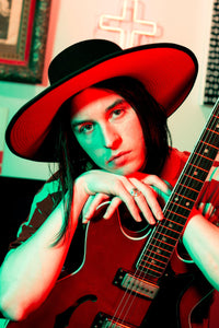 Premium 100% wool Dracula Flat Top Hat by KATAKOMB with wide black crown and red brim, combining gothic elegance with modern edgy streetwear aesthetics.