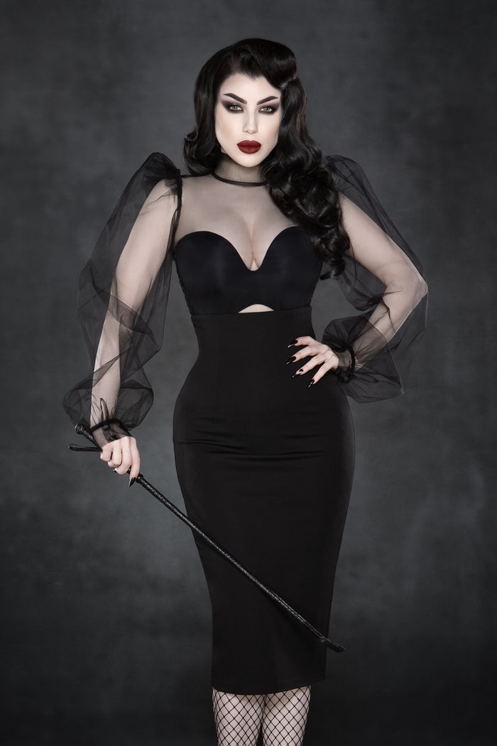 Elegant black chiffon blouse with a Gothic aesthetic, boasting voluminous puffed sleeves, a high stiff collar, and structured shoulders, complemented by a button-up back that enhances its dramatic and high-fashion look, ideal for pairing with skirts, trousers, or layered outerwear.