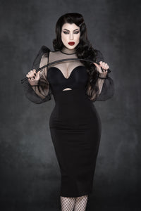 Black Gothic blouse crafted from sheer stiff chiffon, showcasing voluminous puffy sleeves, high structured shoulders, and a tall collar, designed with a back-button closure to provide a striking, dramatic couture appearance.