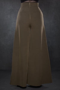 Versatile olive green Palazzo pants with a vintage 1940s-inspired wide-leg silhouette, crafted from lightweight crepe fabric with subtle stretch, designed with a high-rise waist and two working front pockets, offering a timeless, flattering fit suitable for office wear, casual brunches, or evening occasions.