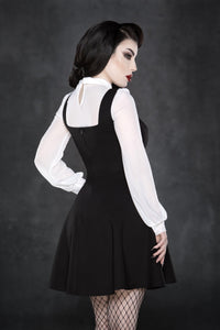 Stretchy soft mesh long-sleeve top with dramatic pointed collar, bold embroidered crosses, semi-sheer fabric, a daring keyhole back cut-out, and versatile colors, designed for gothic fashion, alternative streetwear, festival ensembles, and nightlife-ready statement looks.