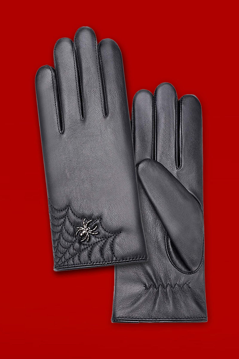 KATAKOMB black pleather webbed gloves featuring adjustable webbed straps and warm lining, one-size-fits-most, perfect for goth, punk, and alternative streetwear fashion, adding edgy style to any outfit or night-out look.